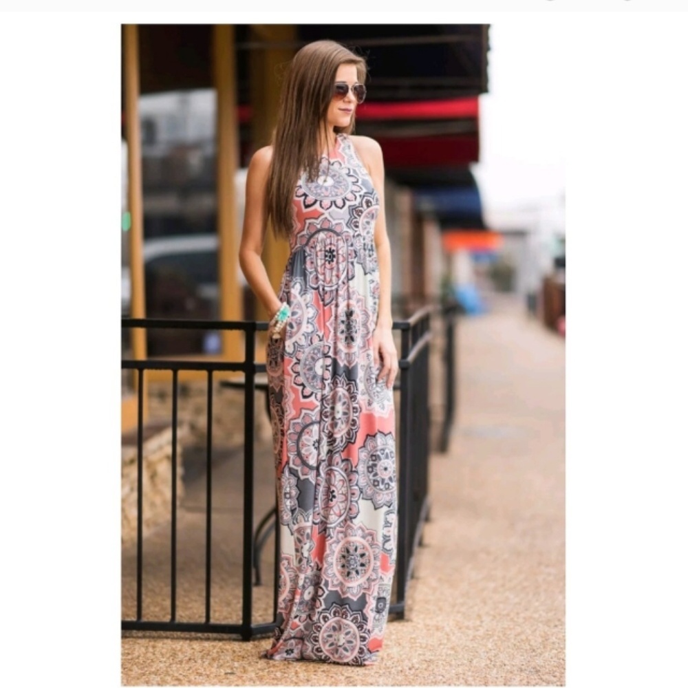*REPOSH* - PINK AND GRAY MANDALA MAXI DRESS